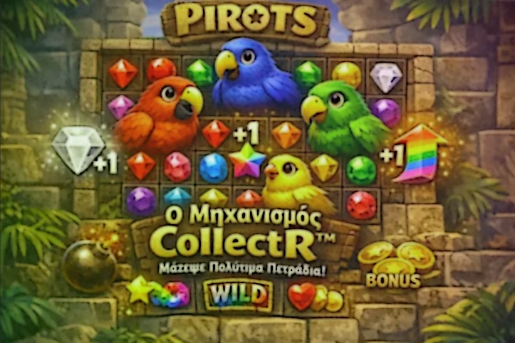 Ο μηχανισμός CollectR στο πρώτο Pirots με τα πουλιά να συλλέγουν διαμάντια στο πλέγμα