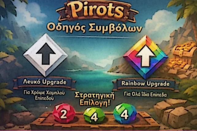 Οδηγός ειδικών συμβόλων του Pirots με Wild, Transform, Upgrade, Coin, Bomb, Grid Expander και Bonus