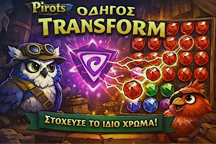 Παράδειγμα χρήσης του Transform στο Pirots μετά από Upgrade για δημιουργία πιο πολύτιμων συμβόλων