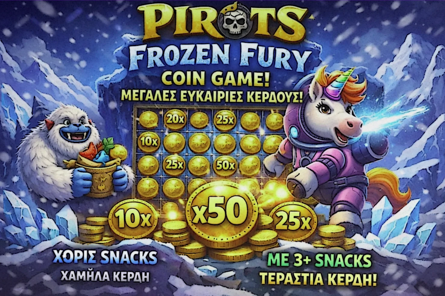 Frozen Fury Coin Game με γεωμετρικό multiplier x2 ανά Yeti Snack στο Pirots 4 Frozen Fury