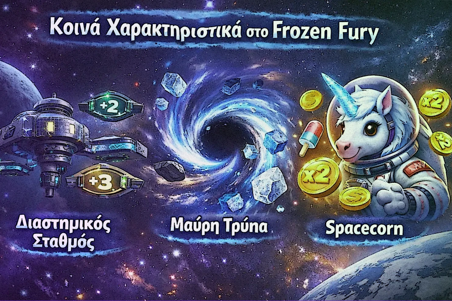 Κοινά Pirots 4 features στο Frozen Fury με Space Station, Black Hole και Spacecorn