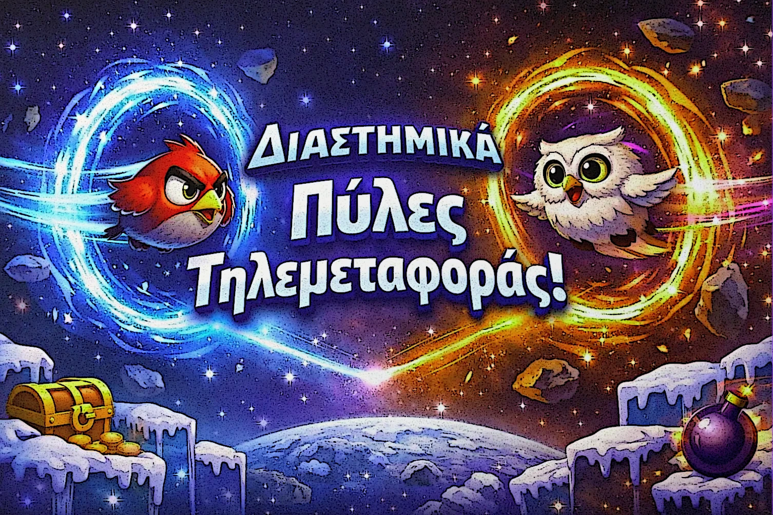 Space Portals στο Pirots 4 Frozen Fury που τηλεμεταφέρουν πουλιά σε νέες παραγωγικές θέσεις