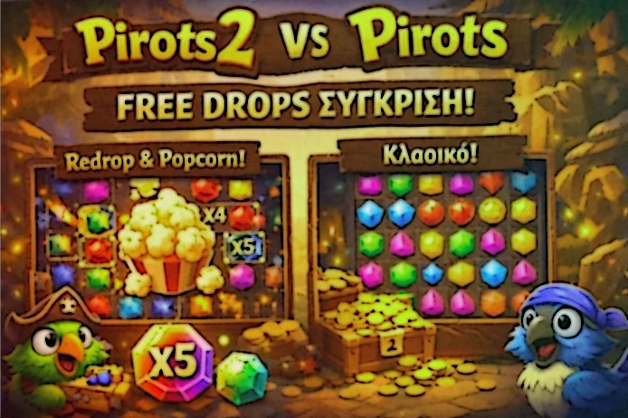 Οπτική σύγκριση του Pirots 2 demo με το πρώτο demo ως προς τα Free Drops και το μεγαλύτερο αρχικό πλέγμα
