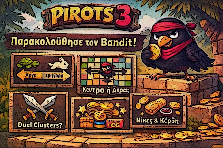 Μοτίβα κίνησης του Bandit στο Pirots 3 demo με έμφαση στις διαδρομές, στις συναντήσεις με πουλιά και στις μεταβολές του γύρου