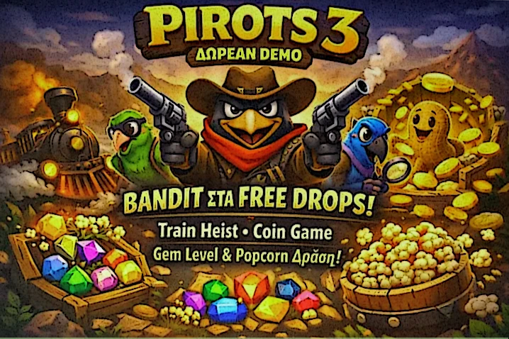 Bandit μέσα σε bonus κατάσταση στο Pirots 3 demo με έμφαση στις αλληλεπιδράσεις με Free Drops και villain patterns
