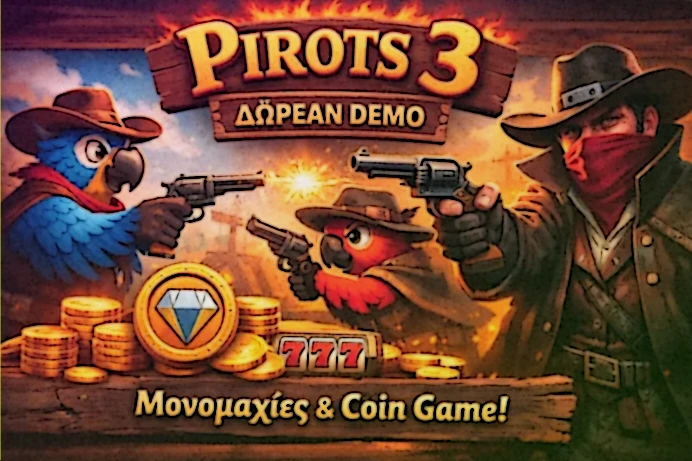 Δωρεάν δοκιμή του Pirots 3 demo στην Ελλάδα το 2026 με πλέγμα 6x7, θέμα Άγριας Δύσης και εικονικά credits