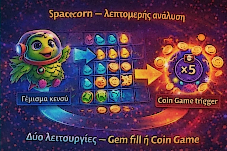 Λεπτομερής απεικόνιση του Spacecorn στο demo και του ρόλου του πριν από Coin Game trigger
