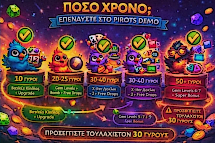 Χρόνος εξοικείωσης με το Pirots demo για βασικούς γύρους, παρατήρηση μηχανισμών και δοκιμή bonus