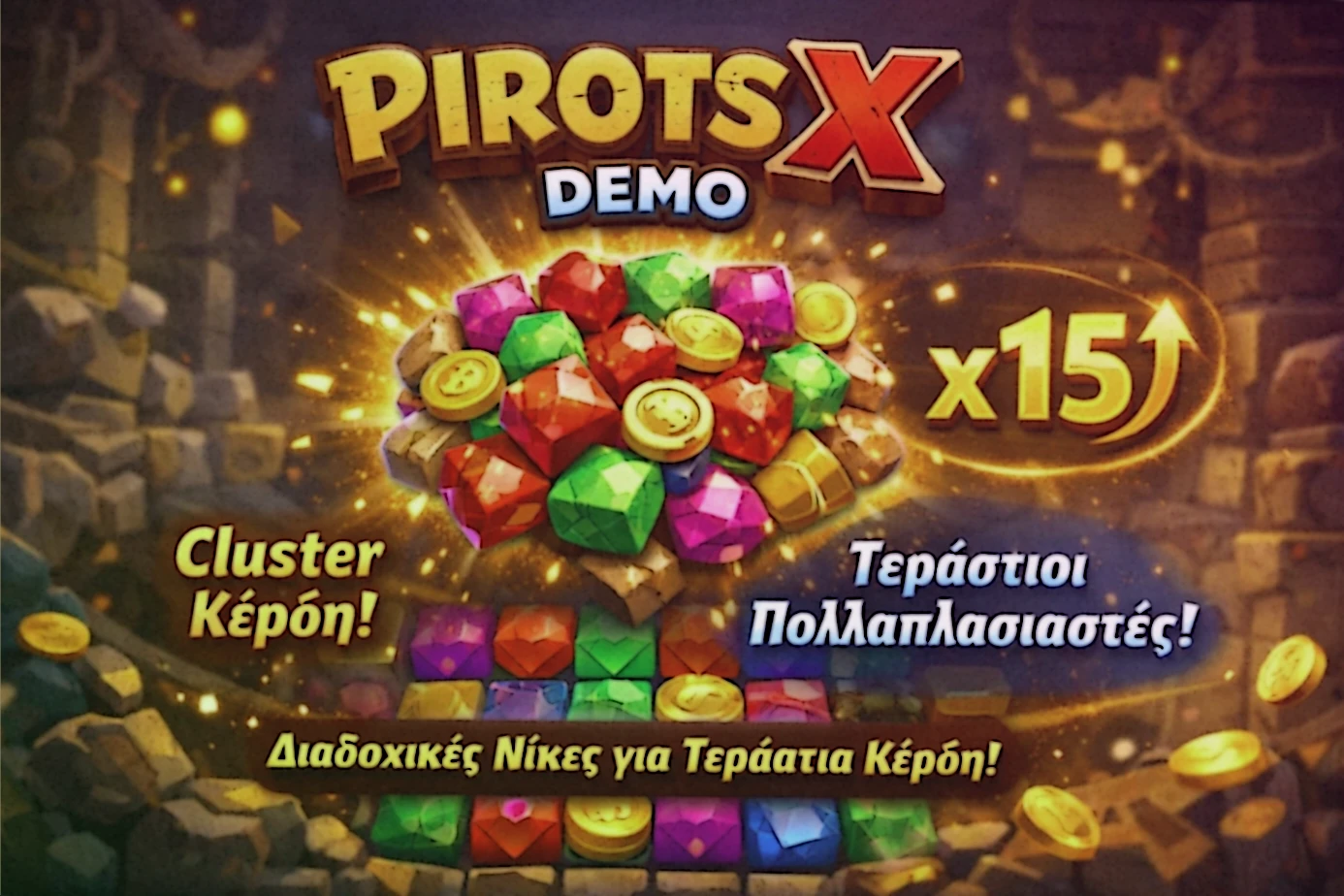Παράδειγμα cluster pays στο Pirots X demo με γειτονικά ίδια σύμβολα και αλυσιδωτές cascades